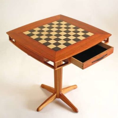Koa Games Table
Chess or Checkers?
Koa & Maple
Top measures: 27" x 27"
Table Height: 29"
Board size: 17" x 17"  featuring Holly and black dyed Anigree squares
Two Maple and Koa accent drawers offer ample storage for game pieces.
Drawer size: 13.25" x 11.75" x 1.5"