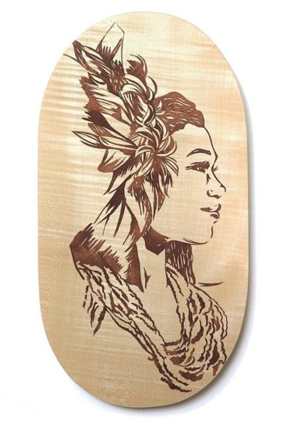 The Hawaiian Oval Portrait
Name: Pua ma'o hau hele
Woods: Mahogany and Sycamore
