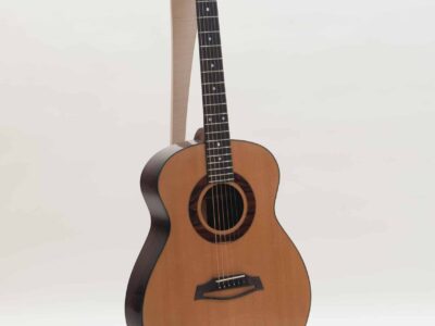 Acoustic Wolf Guitar & Stand, Guitar: Cocobolo, sitka spruce, mahogany, Ebony, African Blackwood, Maple, Abalone shell, cow bone. 
Stand: Wenge & English Sycamore, 2023 guitar, 2020 stand