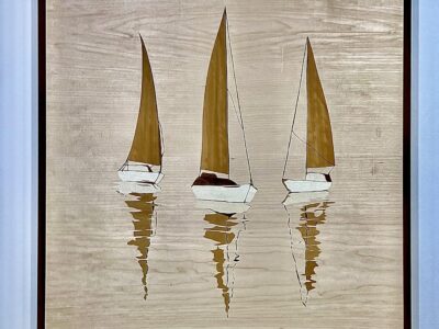 Sailboat Marquetry Wall Hanging, Maple, walnut, castella, 23” x 21”, 2023, SOLD
