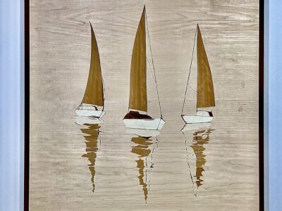 Sailboat Marquetry Wall Hanging, Maple, walnut, castella, 23” x 21”, 2023, SOLD