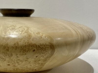 Western burled maple Hollow Vessel, Western burled maple, walnut lip, 3” H x 9 ½” circumference, 2021