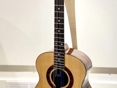 Acoustic Wolf Guitar & Stand, Guitar: Cocobolo, sitka spruce, mahogany, Ebony, African Blackwood, Maple, Abalone shell, cow bone. 
Stand: Wenge & English Sycamore, 2023 guitar, 2020 stand